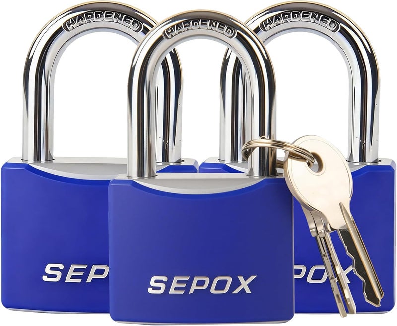 SEPOX ® 3 Pcs 2" Large Padlock All-Weather Outdoor Pad Locks Keyed Alike, Long Shackle, Solid Steel Lock, Heavy-Duty with Blue Cover, for Gate Fence Cabinet Toolbox School Gym Locker, 3pcs Same Key - Image 1